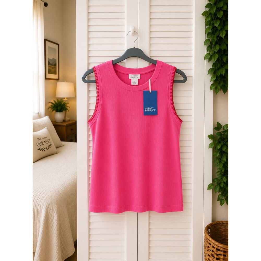 Market & Spruce Women's Sleeveless Crew Neck Knit Tank Top Pink MP NWT